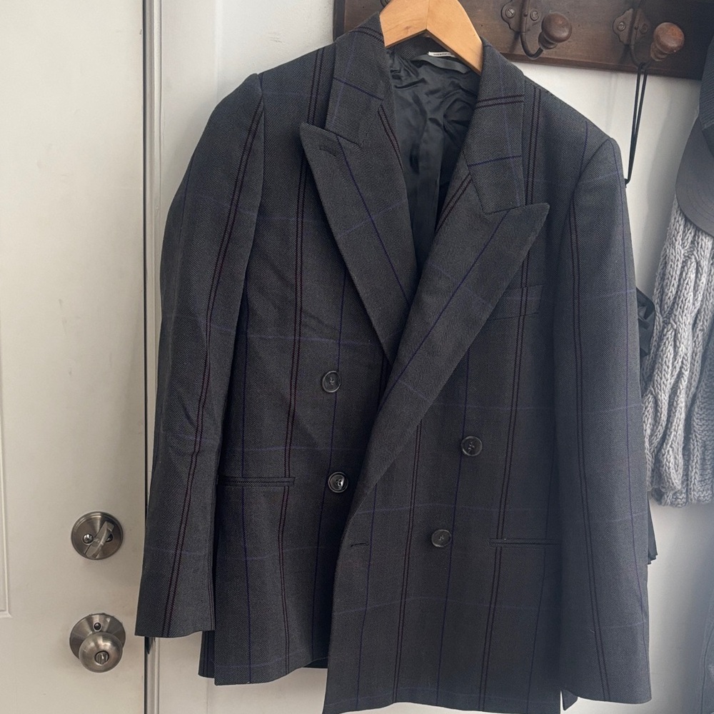 Acne Charcoal Plaid Double-Breasted Blazer